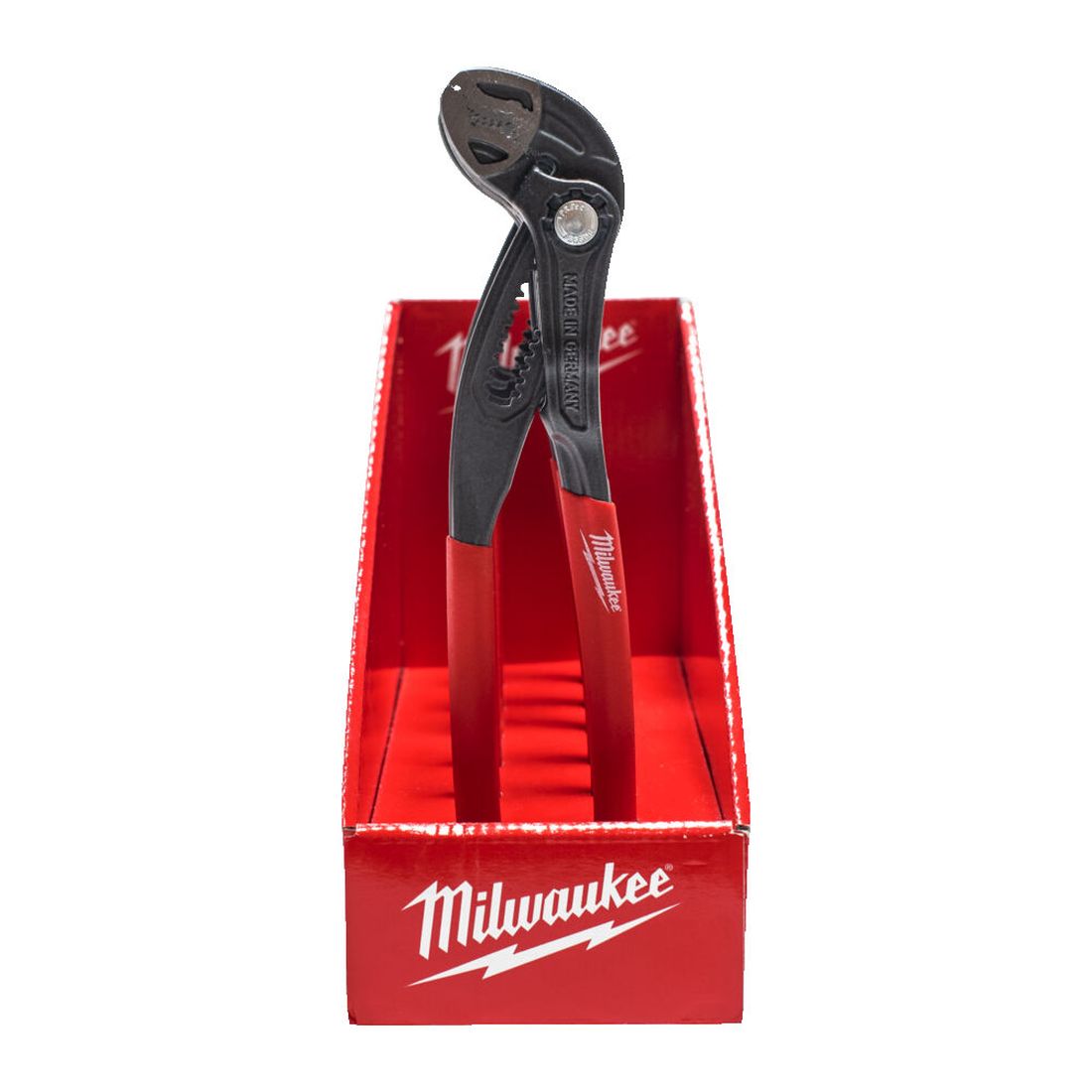 Milwaukee siirtoleukapihdit 250 mm. Kuvassa siirtoleukapihdit myymälätelineessä edestäpäin.