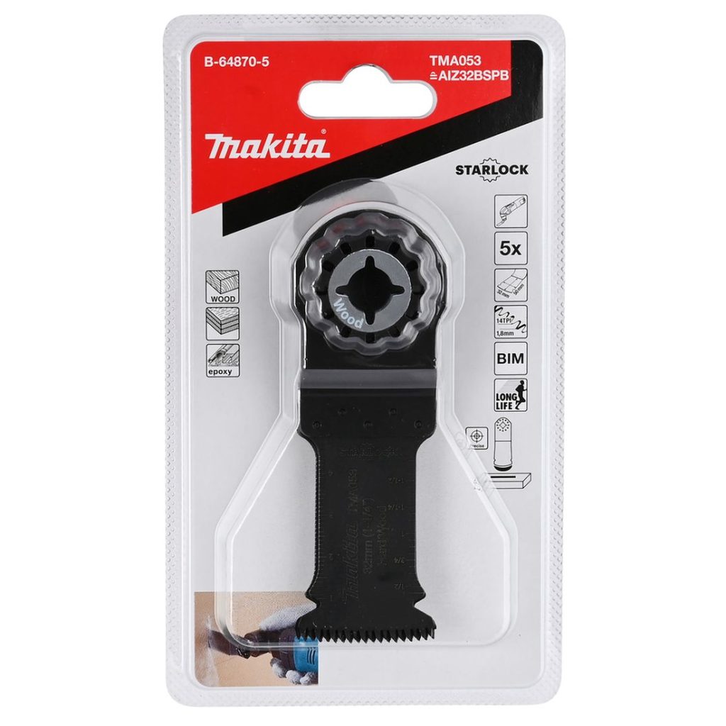MAKITA Sahanterä, upotukseen, leveys 32mm. Kuvassa sahanterä myyntipakkauksessaan.