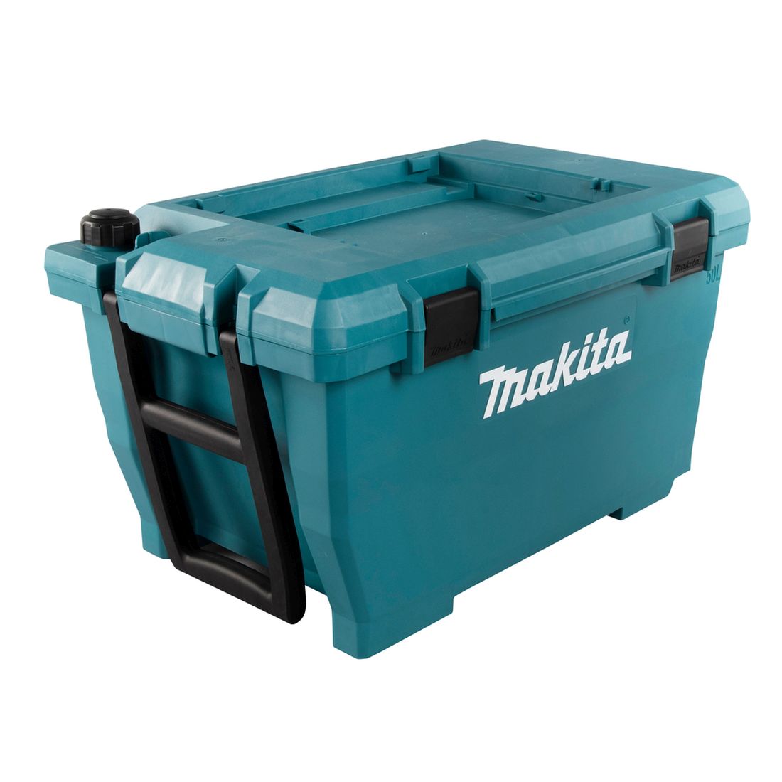 MAKITA Säilytys/vesiastia pyörillä, DHW080, Makpac yhteensopiva. Kuvassa Säilytys/vesiastia pyörillä, DHW080, Makpac yhteensopiva vasemmalta etuyläviistosta.