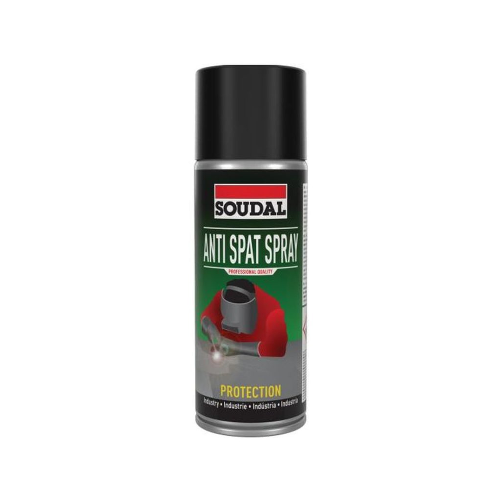 SOUDAL Anti Spatter Spray 400 ml. Kuvassa spraypurkki edestäpäin.