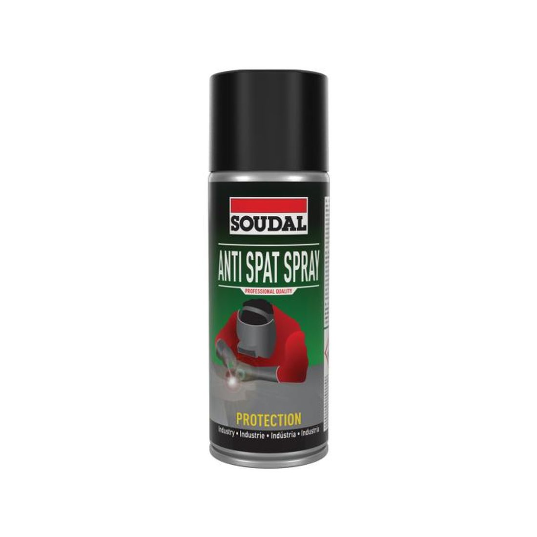 SOUDAL Anti Spatter Spray 400 ml. Kuvassa spraypurkki edestäpäin.