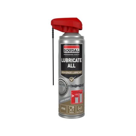SOUDAL Lubricate All genius spray 300 ml. Kuvassa spraypurkki edestäpäin.