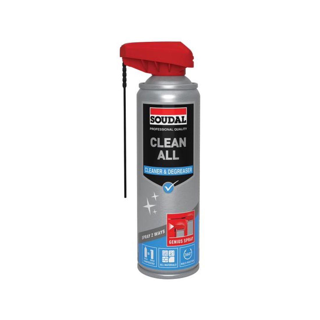 SOUDAL Clean All genius spray 300 ml. Kuvassa spraypurkki edestäpäin.