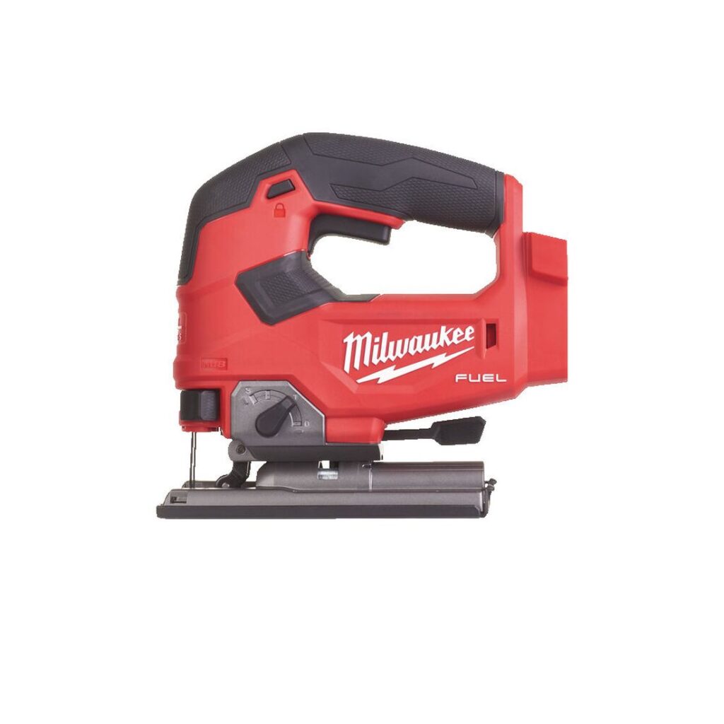Milwaukee akkupistosaha FJS-0. Kuvassa akkupistosaha vasemmalta sivustapäin.