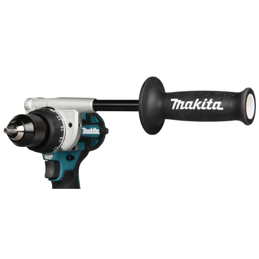 MAKITA Porakone LXT. Lähikuvassa porakone LXT:n sivukahva oikealta etuviistosta.