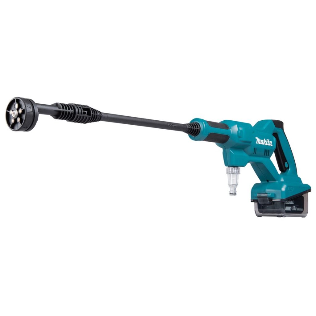 MAKITA Akkupainepesuri LXT. Kuvassa akkupainepesuri oikealta etuviistosta.