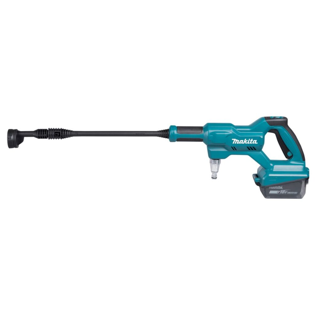 MAKITA Akkupainepesuri LXT. Kuvassa akkupainepesuri vasemmalta sivustapäin yläviistosta.