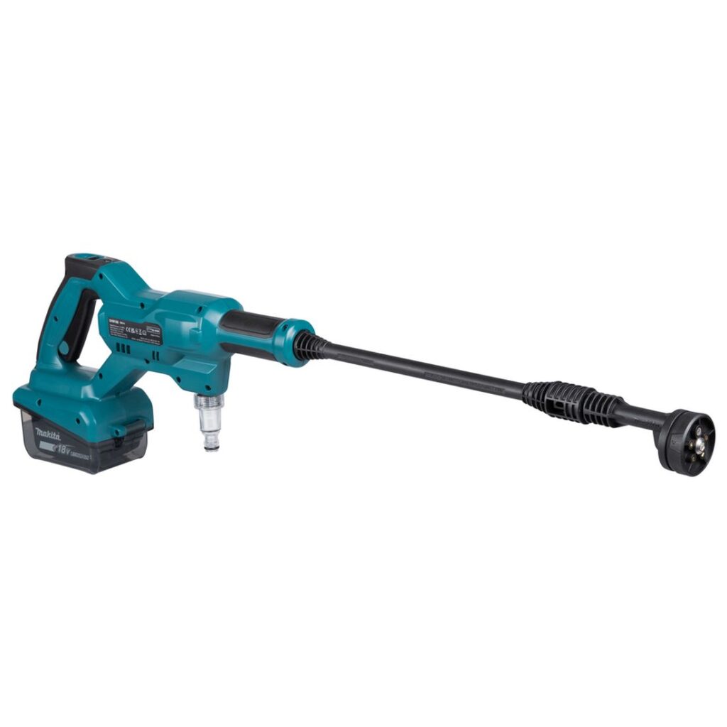 MAKITA Akkupainepesuri LXT. Kuvassa akkupainepesuri vasemmalta etuyläviistosta.