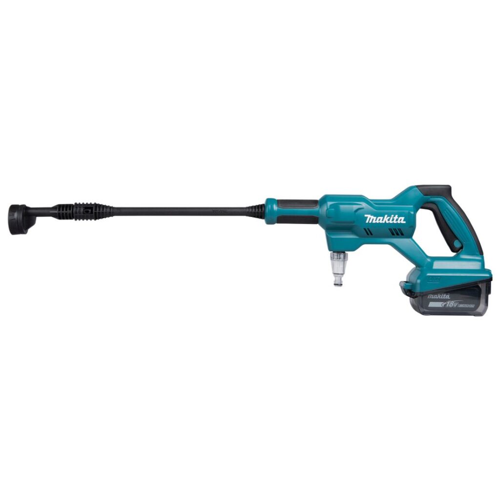 MAKITA Akkupainepesuri LXT. Kuvassa akkupainepesuri vasemmalta sivustapäin.
