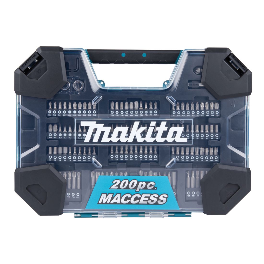 MAKITA Poranterä- ja ruuvikärkisarja 200-osaa. Kuvassa Poranterä- ja ruuvikärkisarjan suljettu muovisalkku edestäpäin.