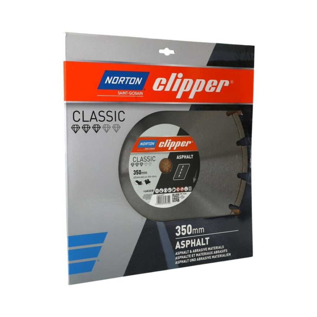 Clipper Classic Asphalt CLP 350x10x2,8x2,54 timanttikatkaisulaikka. Kuvassa timanttikatkaisulaikan myyntipakkaus vasemmalta etuviistosta.