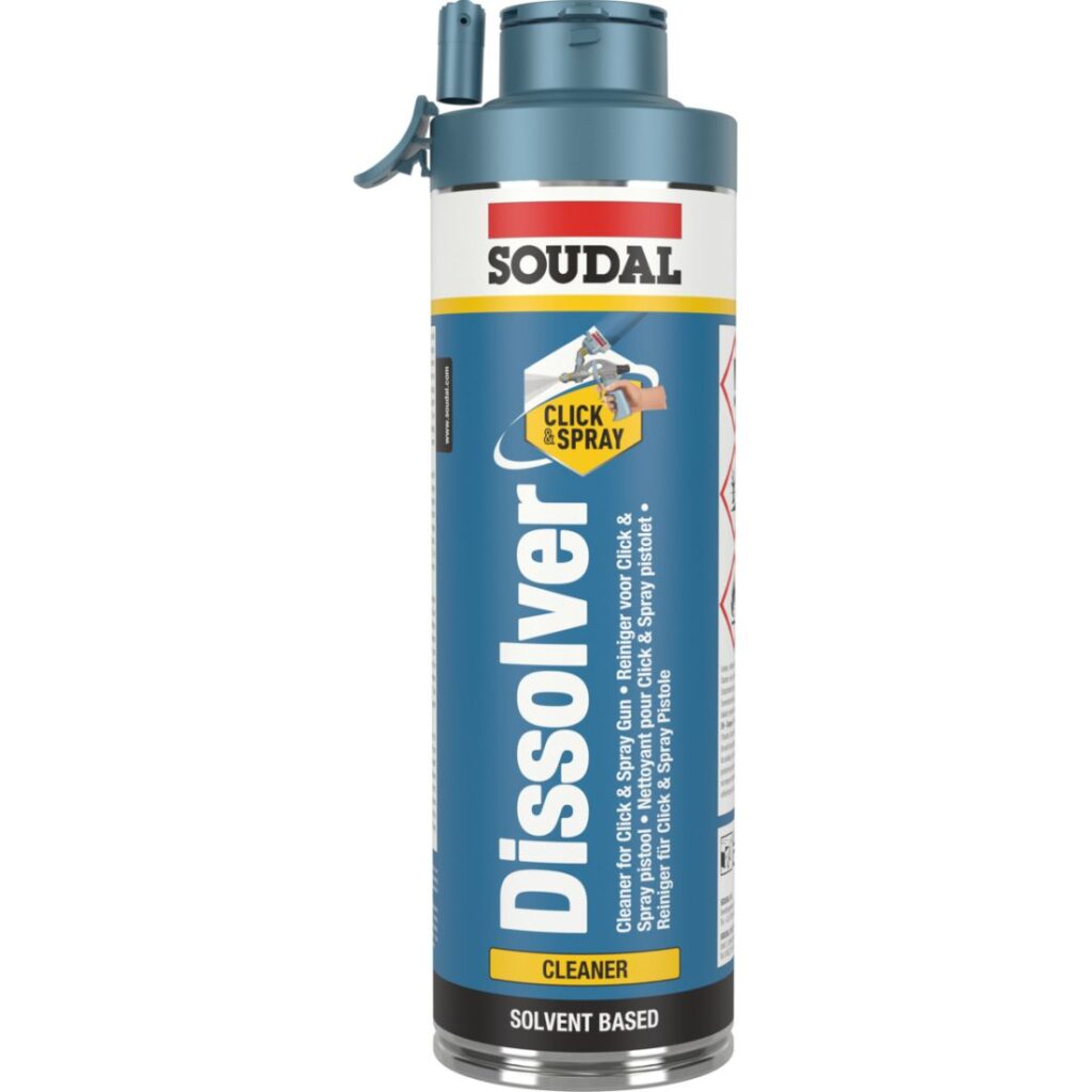 SOUDAL Dissolver Click&spray puhdistusaine 500 ml. Kuvassa spraypurkki edestäpäin.