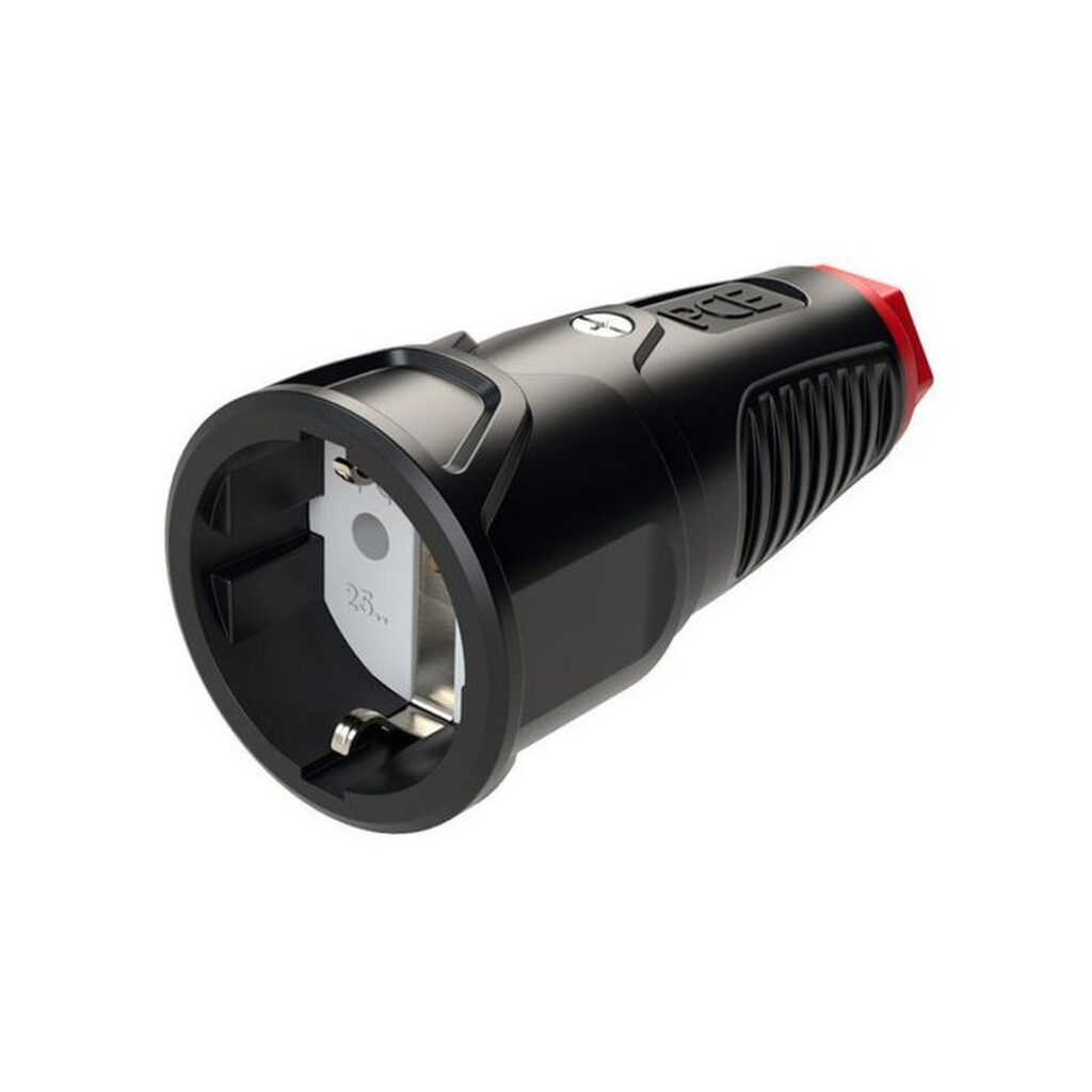 Kuvassa kuminen suora schukopistorasia oikealta etuyläviistosta.