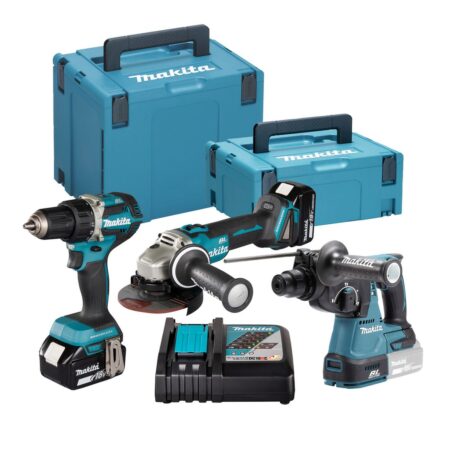 MAKITA Konesarja LXT. Kuvassa DDF484 Porakone LXT, DGA504 Kulmahiomakone LXT, DHR242 Poravasara LXT, BL1850B Akku 5,0Ah, DC18RC Latauslaite DC18RC LXT, Makpac muovilaukku 2 ja Makpac muovilaukku 4.