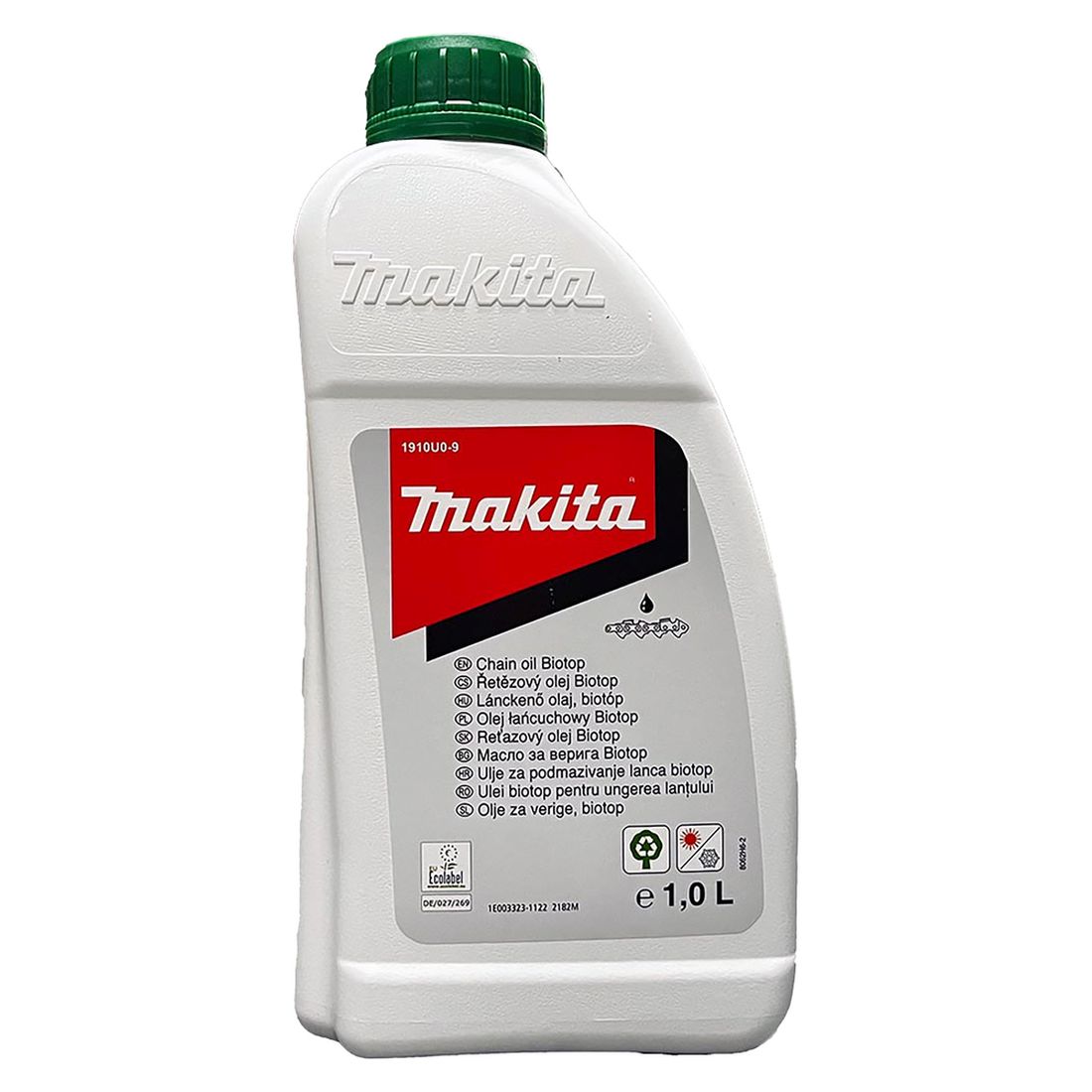 MAKITA Teräketjuöljy Bio 1L. Kuvassa Teräketjuöljy Bio 1L edestäpäin.
