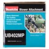 MAKITA Puhallinlisälaite UB402MP. Kuvassa tuotteen myyntipakkaus sivustapäin.