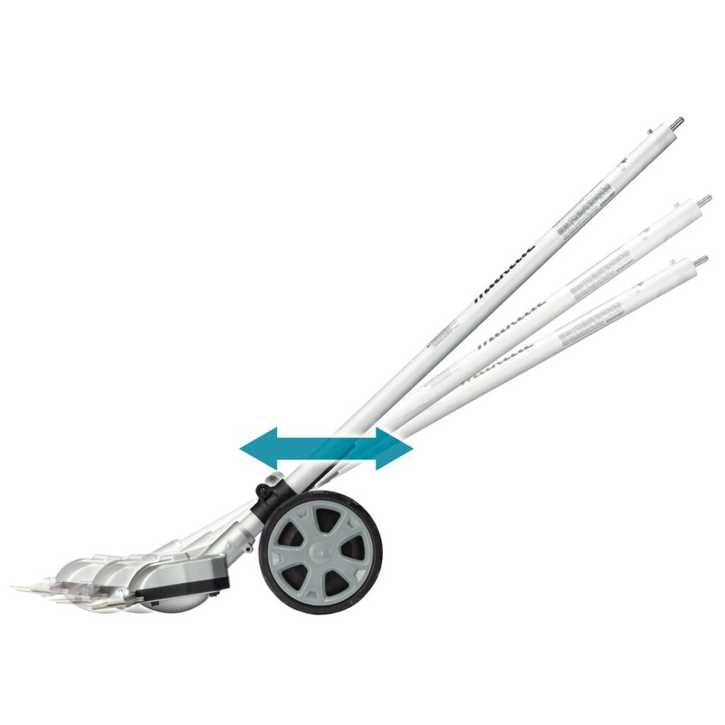 MAKITA Niittolisälaite 330 mm EN424MP. Havainnekuvassa Niittolisälaite 330 mm EN424MP:n tukipyörä kiinnitettynä niittolisälaitteen varteen leikkaamisen helpottamiseksi.