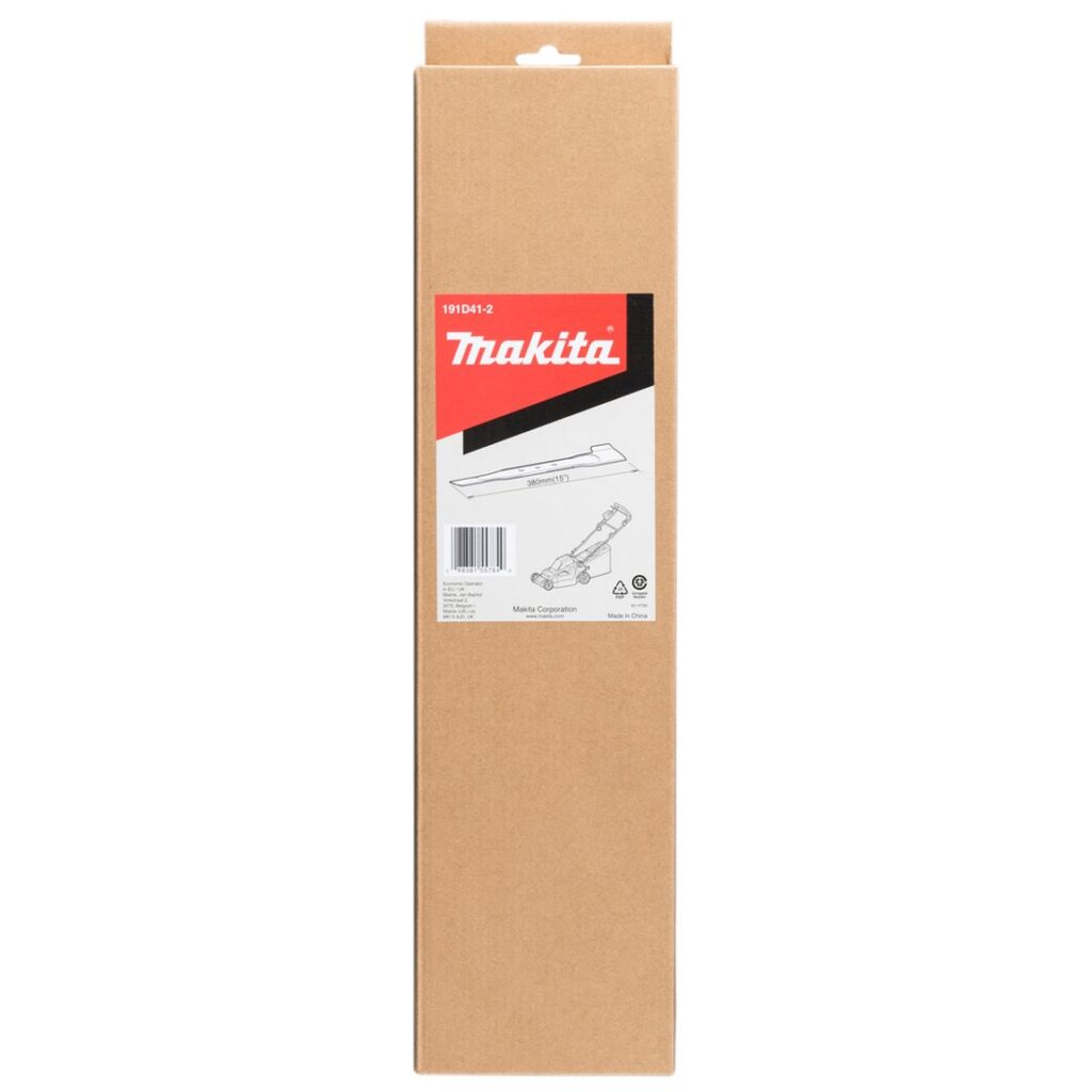 MAKITA Ruohonleikkurin veitsiterä (bio) 380 mm. Kuvassa tuotteen myyntipakkaus edestäpäin.
