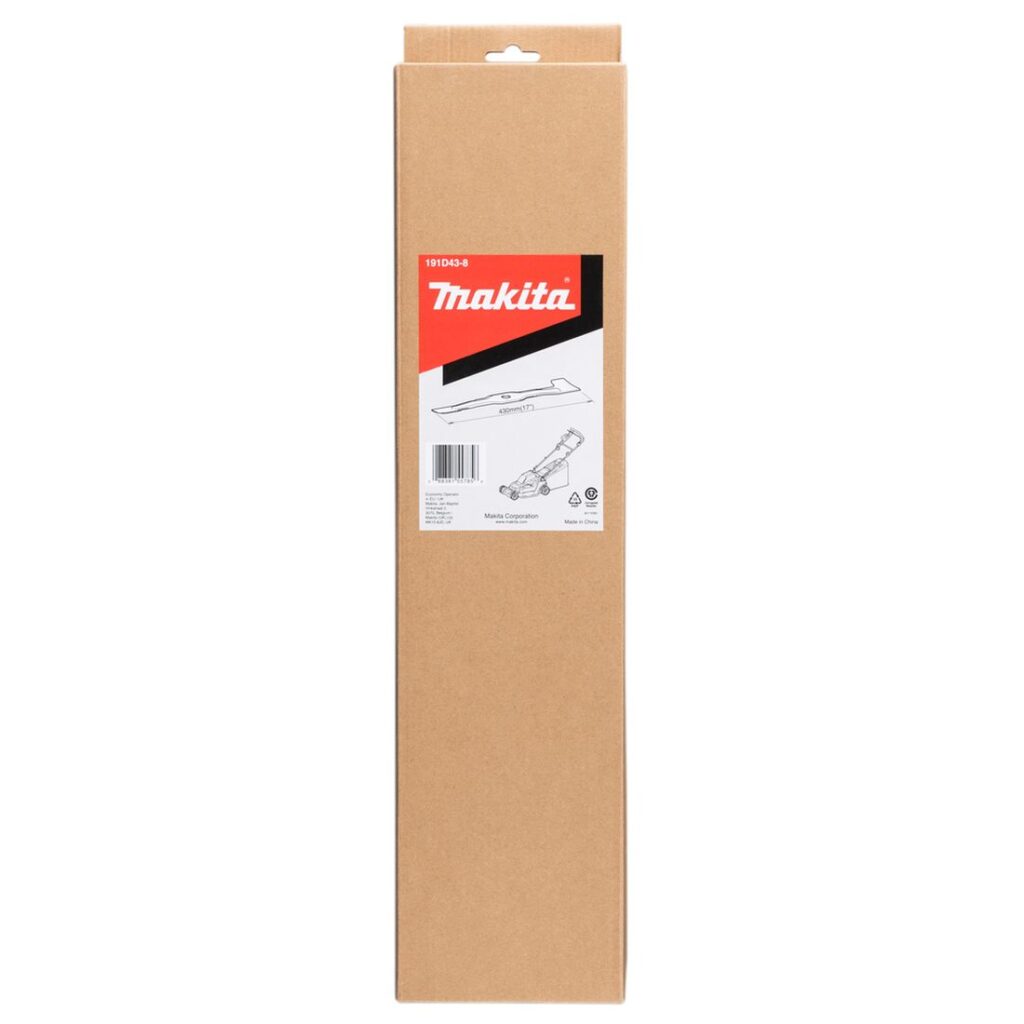 MAKITA Ruohonleikkurin veitsiterä (bio) 430 mm. Kuvassa tuotteen myyntipakkaus edestäpäin.