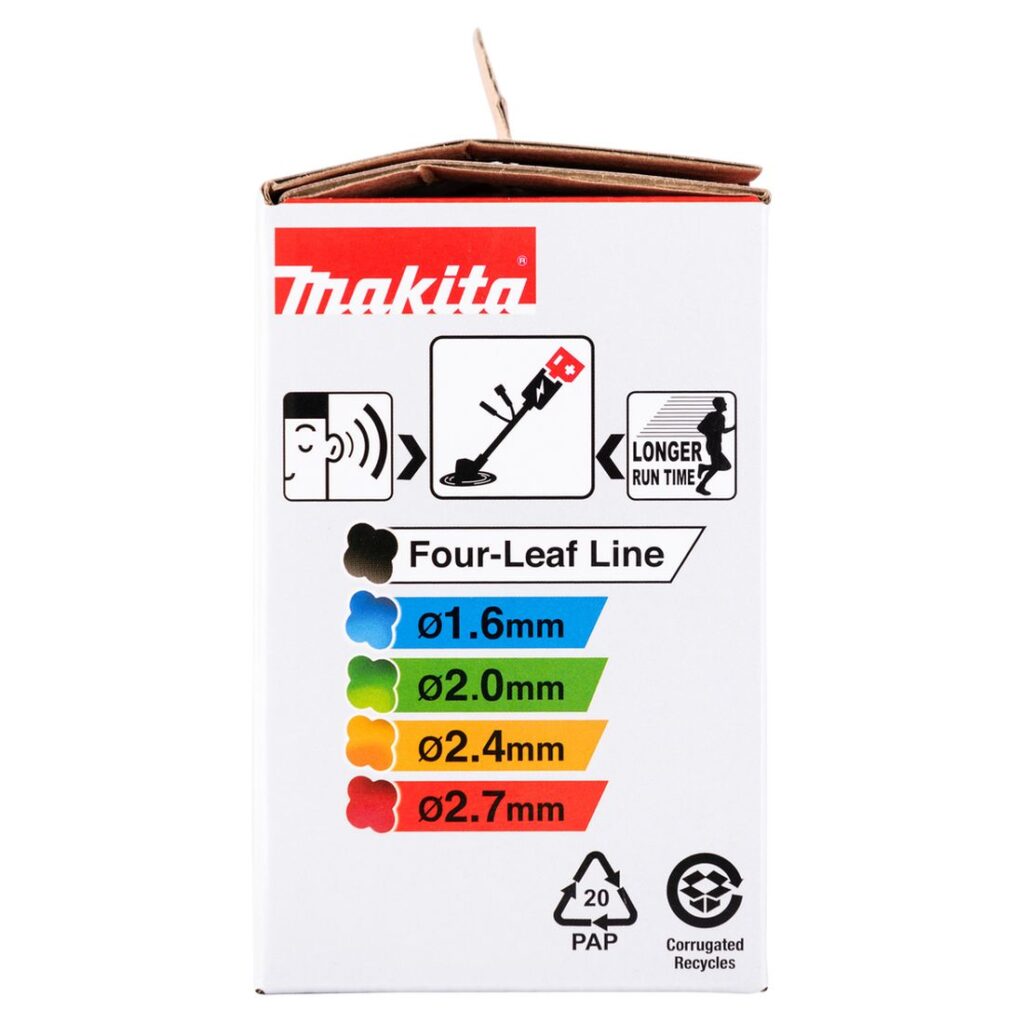 MAKITA Siimapää Tap&Go EasyWork Ø 2,0 mm x 4 m / 4". Kuvassa tuotteen myyntipakkaus sivustapäin.