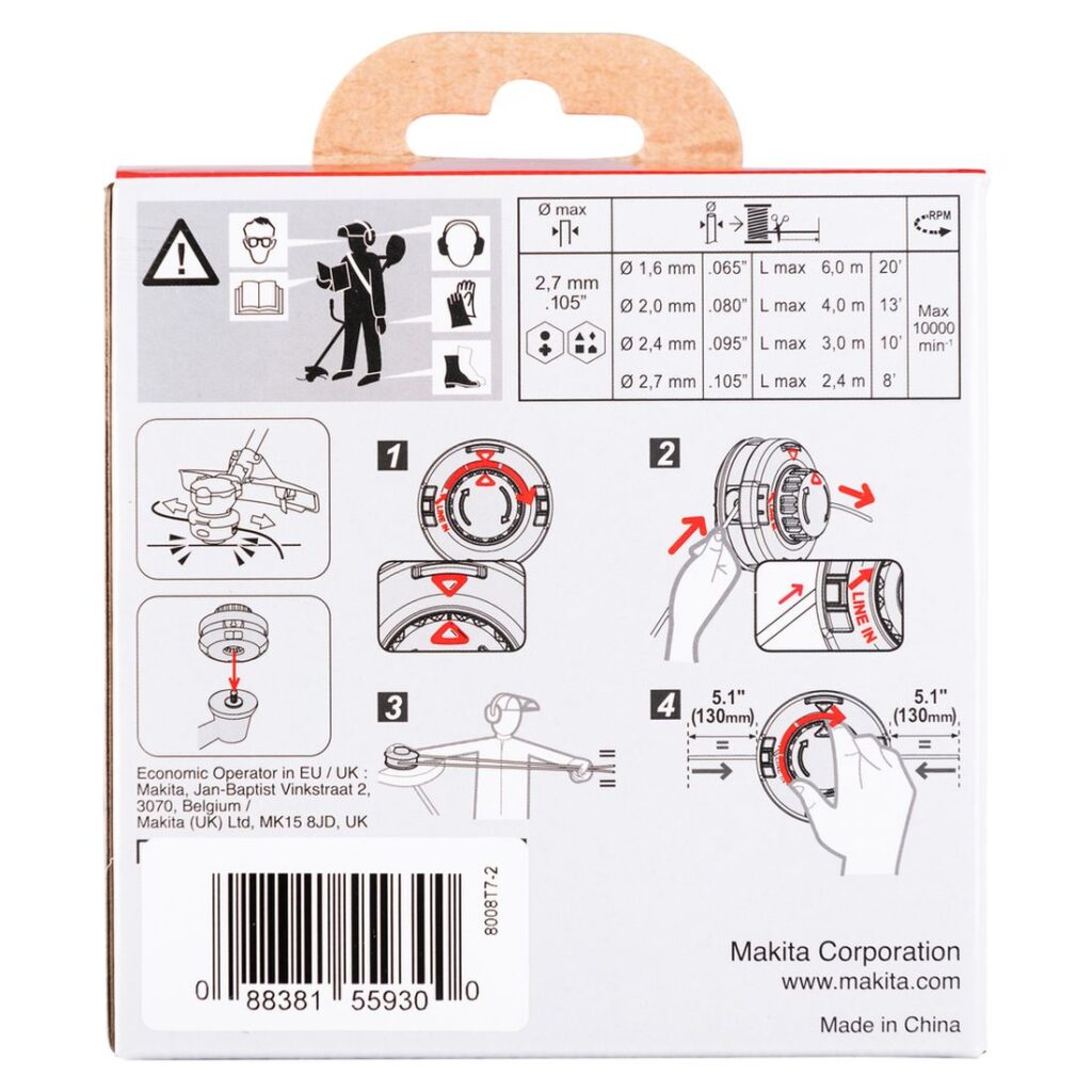 MAKITA Siimapää Tap&Go EasyWork Ø 2,0 mm x 4 m / 4". Kuvassa tuotteen myyntipakkaus takaapäin.