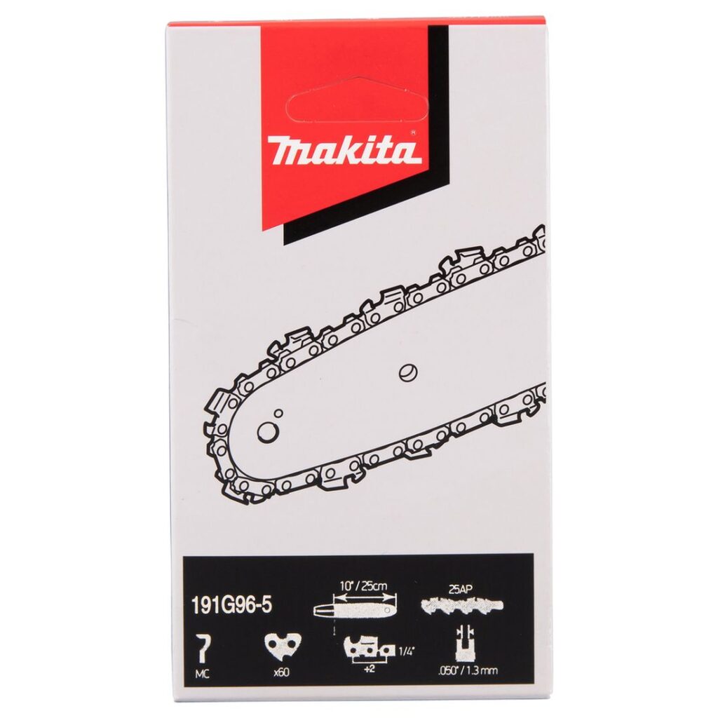 MAKITA Teräketju 60, 1/4", 1,3 mm, 10". Kuvassa tuotteen myyntipakkaus edestäpäin.