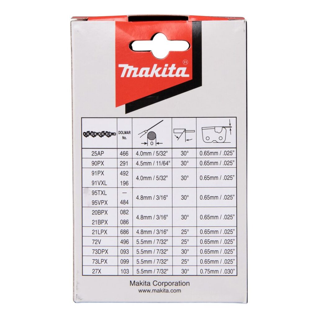 MAKITA Teräketju 40, 3/8", 1,1 mm, 10". Kuvassa tuotteen myyntipakkaus takaapäin.
