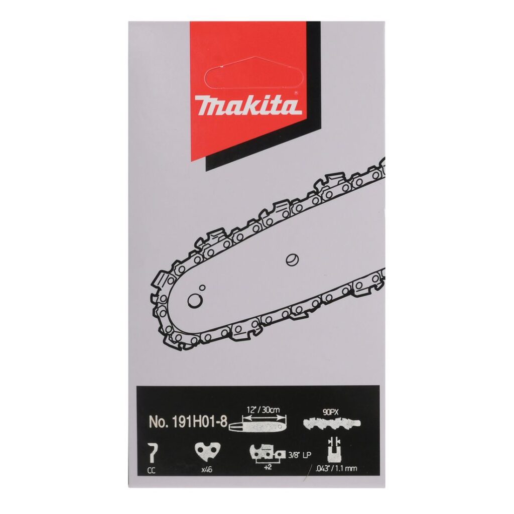 MAKITA Teräketju 46, 3/8", 1,1 mm, 12". Kuvassa tuotteen myyntipakkaus edestäpäin.