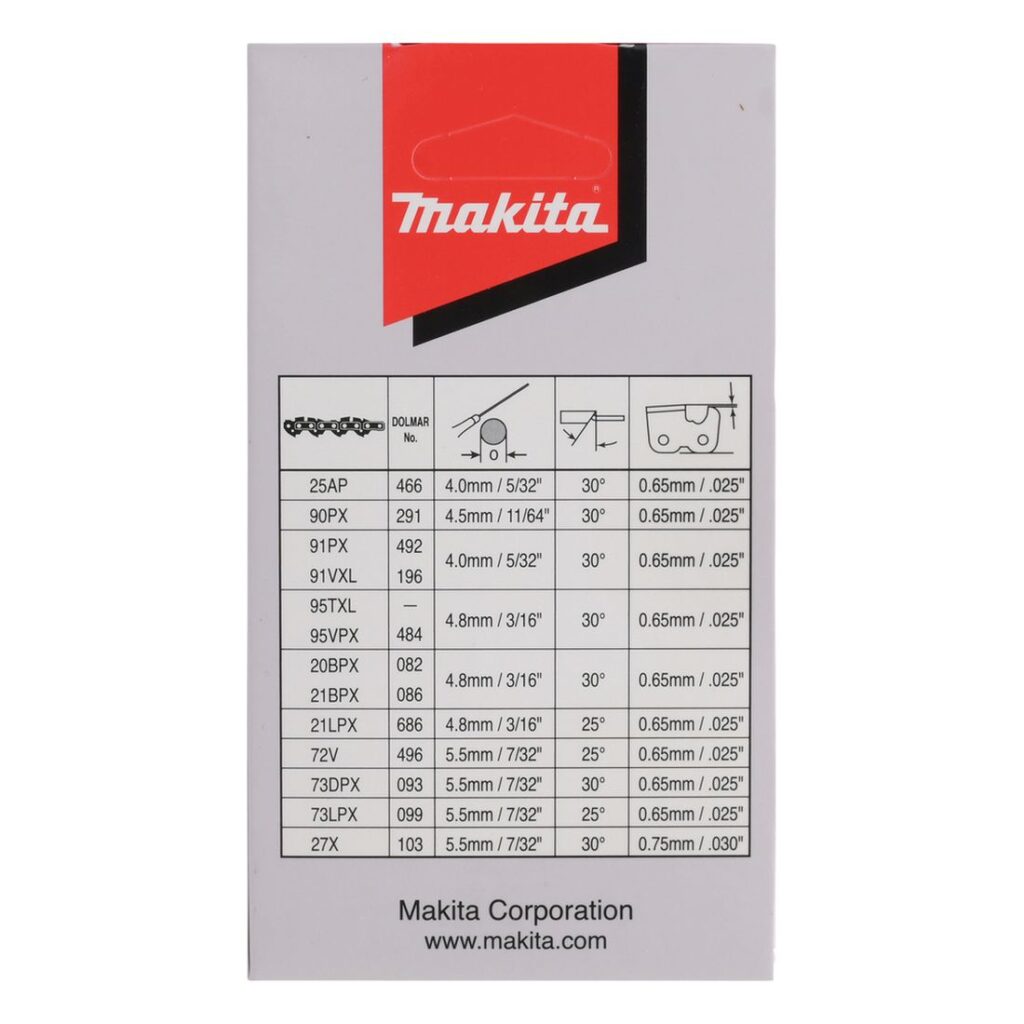 MAKITA Teräketju 46, 3/8", 1,1 mm, 12". Kuvassa tuotteen myyntipakkaus takaapäin.
