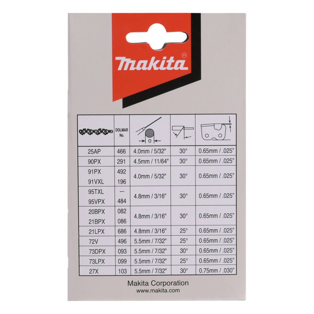 MAKITA Teräketju 52, 3/8", 1,1 mm, 14". Kuvassa tuotteen myyntipakkaus takaapäin.