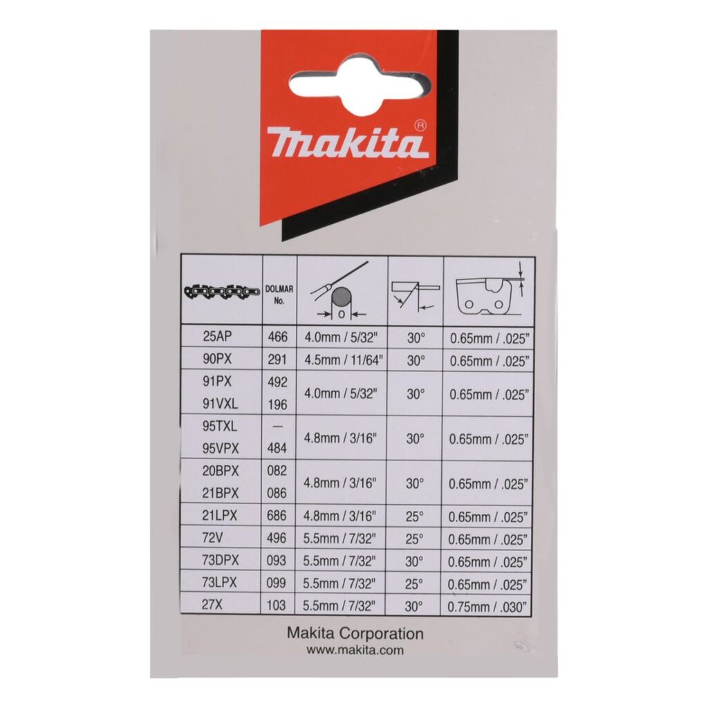 MAKITA Teräketju 56, 3/8", 1,1 mm, 16". Kuvassa tuotteen myyntipakkaus takaapäin.