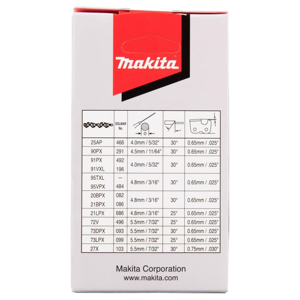 MAKITA Teräketju 40, 3/8", 1,3 mm, 10". Kuvassa Teräketju 40, 3/8", 1,3 mm, 10" vasemmalta sivustapäin.
