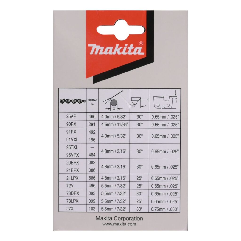 MAKITA Teräketju 46, 3/8", 1,3 mm, 12". Kuvassa tuotteen myyntipakkaus takaapäin.