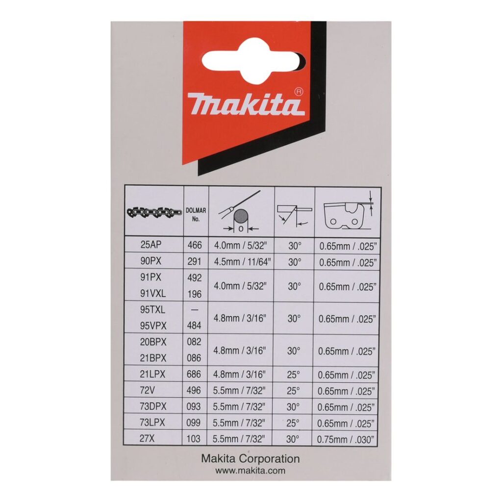 MAKITA Teräketju 56, 3/8", 1,3 mm, 16". Kuvassa tuotteen myyntipakkaus takaapäin.