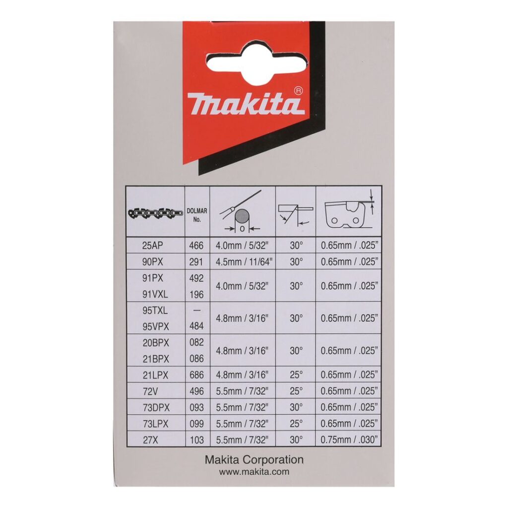 MAKITA Teräketju 62, 3/8", 1,3 mm, 18". Kuvassa tuotteen myyntipakkaus takaapäin.