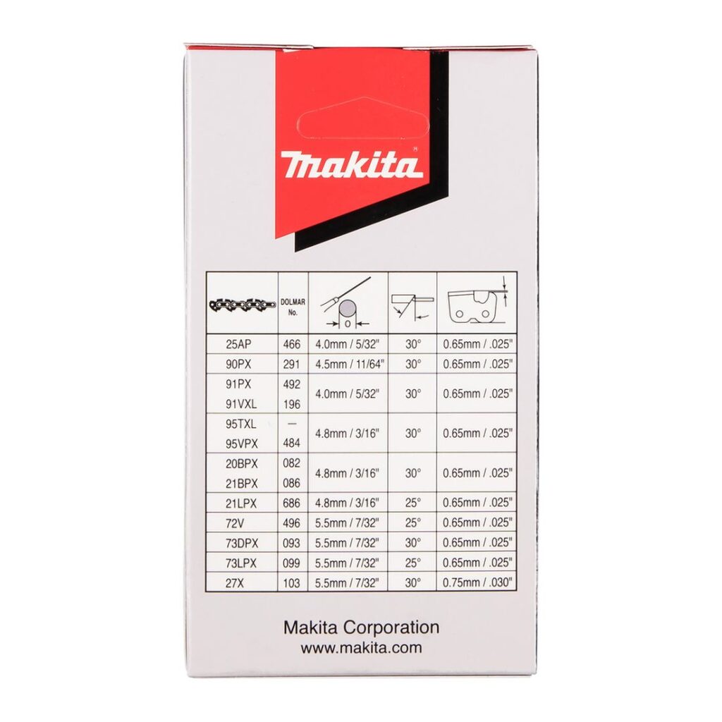 MAKITA Teräketju 39, 3/8", 1,3mm, 10". Kuvassa tuotteen myyntipakkaus takaapäin.
