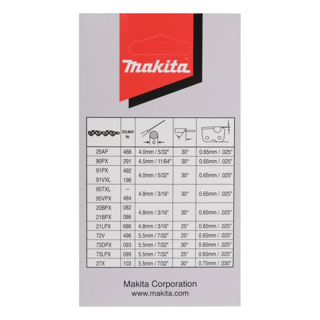 MAKITA Teräketju 64, 0,325", 1,3 mm, 15". Kuvassa tuotteen myyntipakkaus takaapäin.
