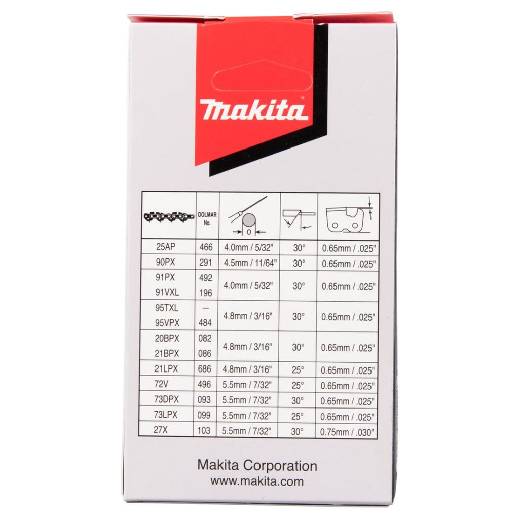 MAKITA Teräketju 72, 0,325", 1,3 mm, 18". Kuvassa tuotteen myyntipakkaus takaapäin.