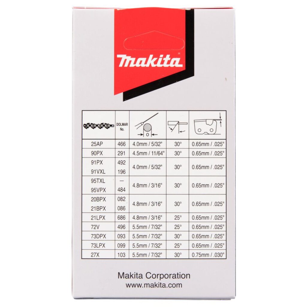 MAKITA Teräketju 56, 0,325", 1,5 mm, 13". Kuvassa tuotteen myyntipakkaus takaapäin.