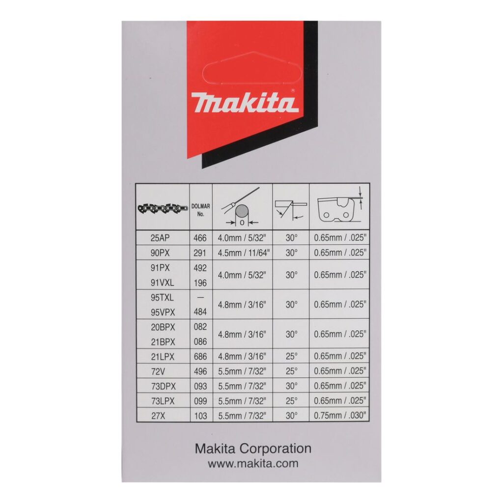 MAKITA Teräketju 64, 0,325", 1,5 mm, 15". Kuvassa tuotteen myyntipakkaus takaapäin.