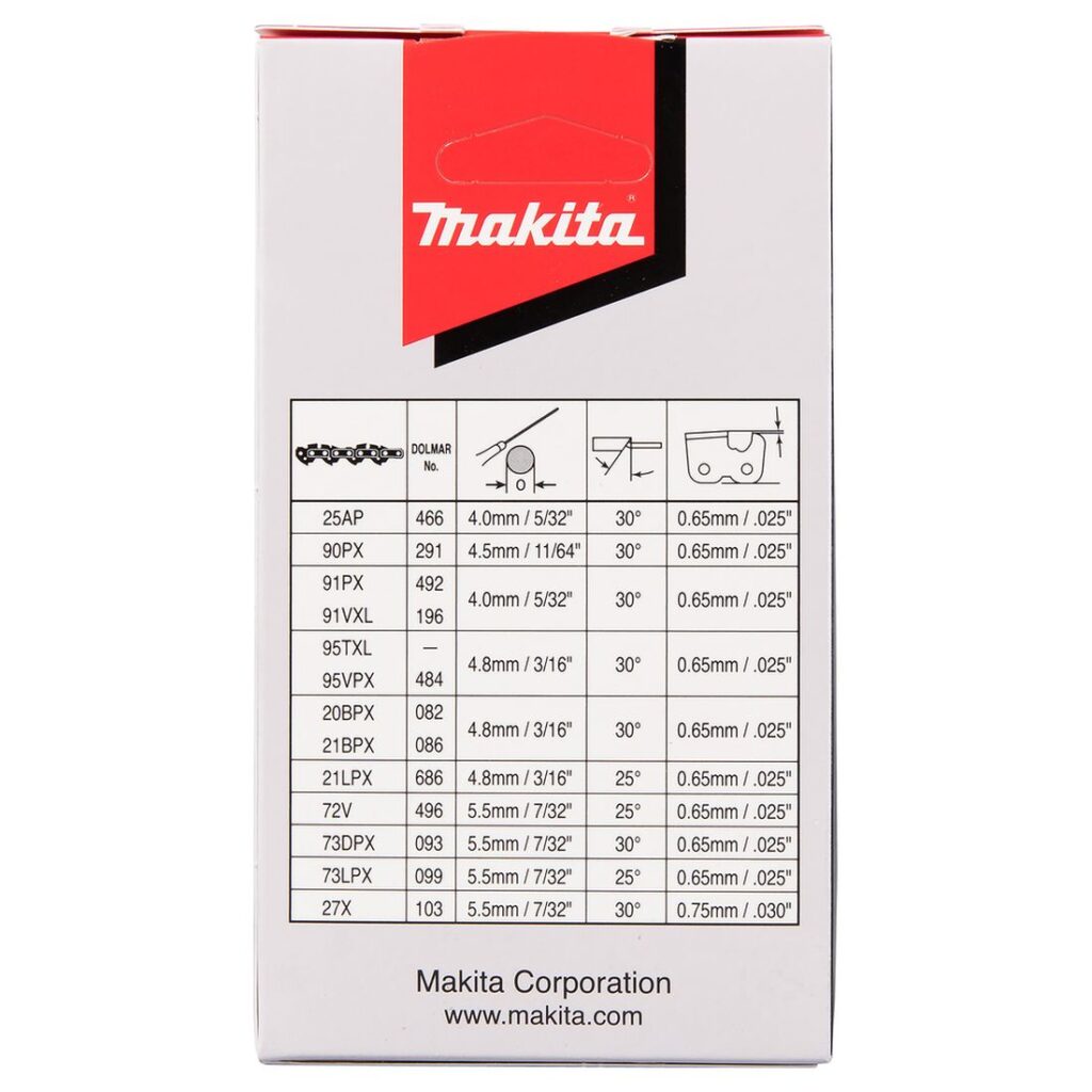 MAKITA Teräketju 72, 0,325", 1,5 mm, 18". Kuvassa tuotteen myyntipakkaus takaapäin.