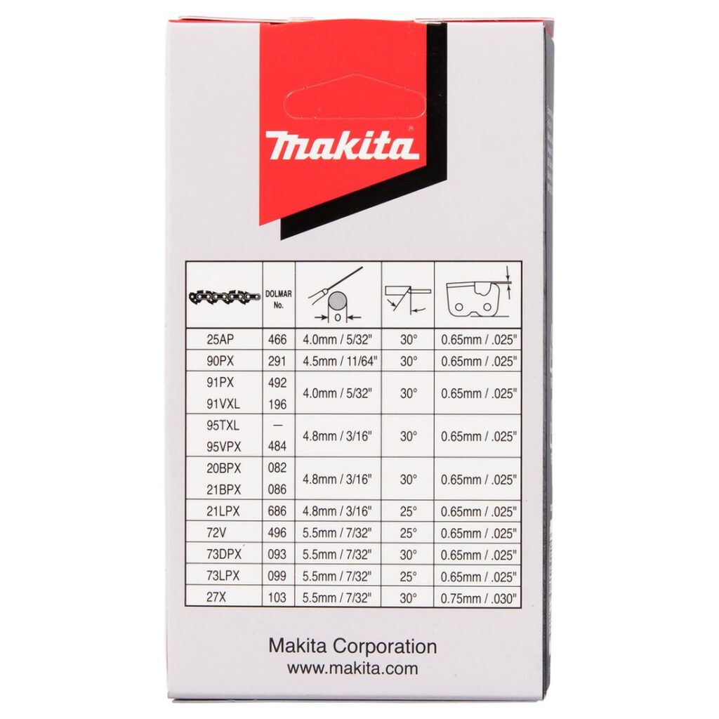 MAKITA Teräketju 64, 0,325", 1,5 mm, 15". Kuvassa tuotteen myyntipakkaus takaapäin.