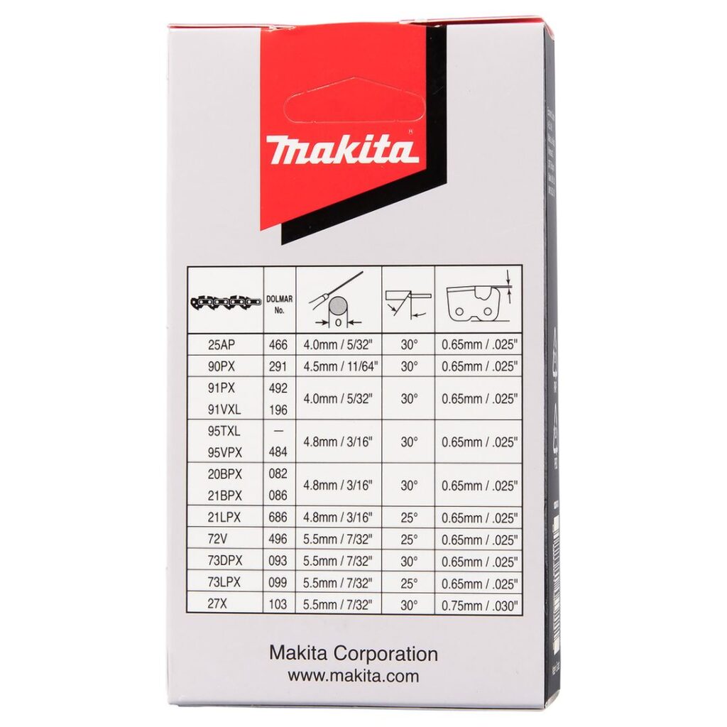 MAKITA Teräketju 72, 0,325", 1,5 mm, 18". Kuvassa tuotteen myyntipakkaus takaapäin.