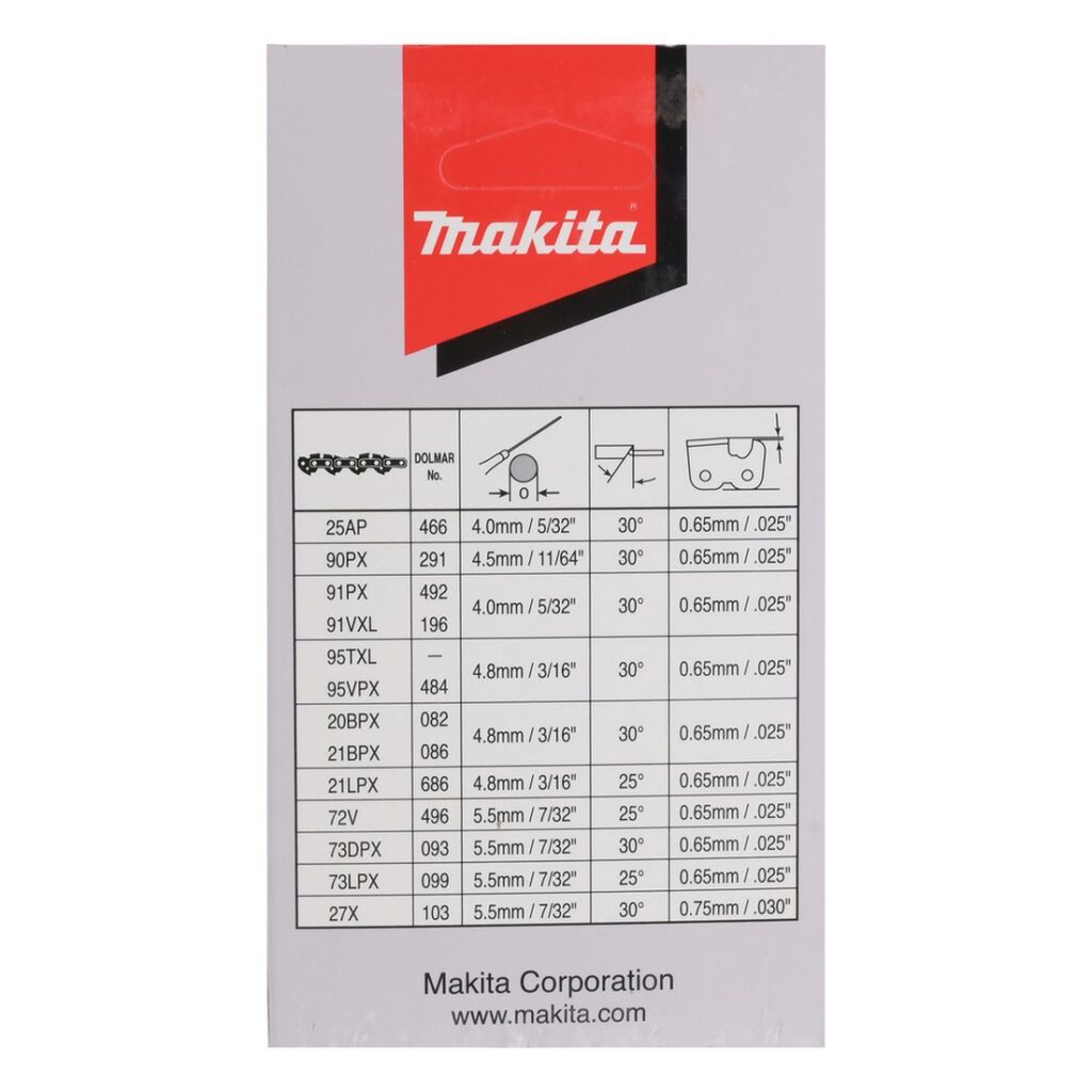 MAKITA Teräketju 60, 3/8", 1,5 mm, 16". Kuvassa tuotteen myyntipakkaus takaapäin.
