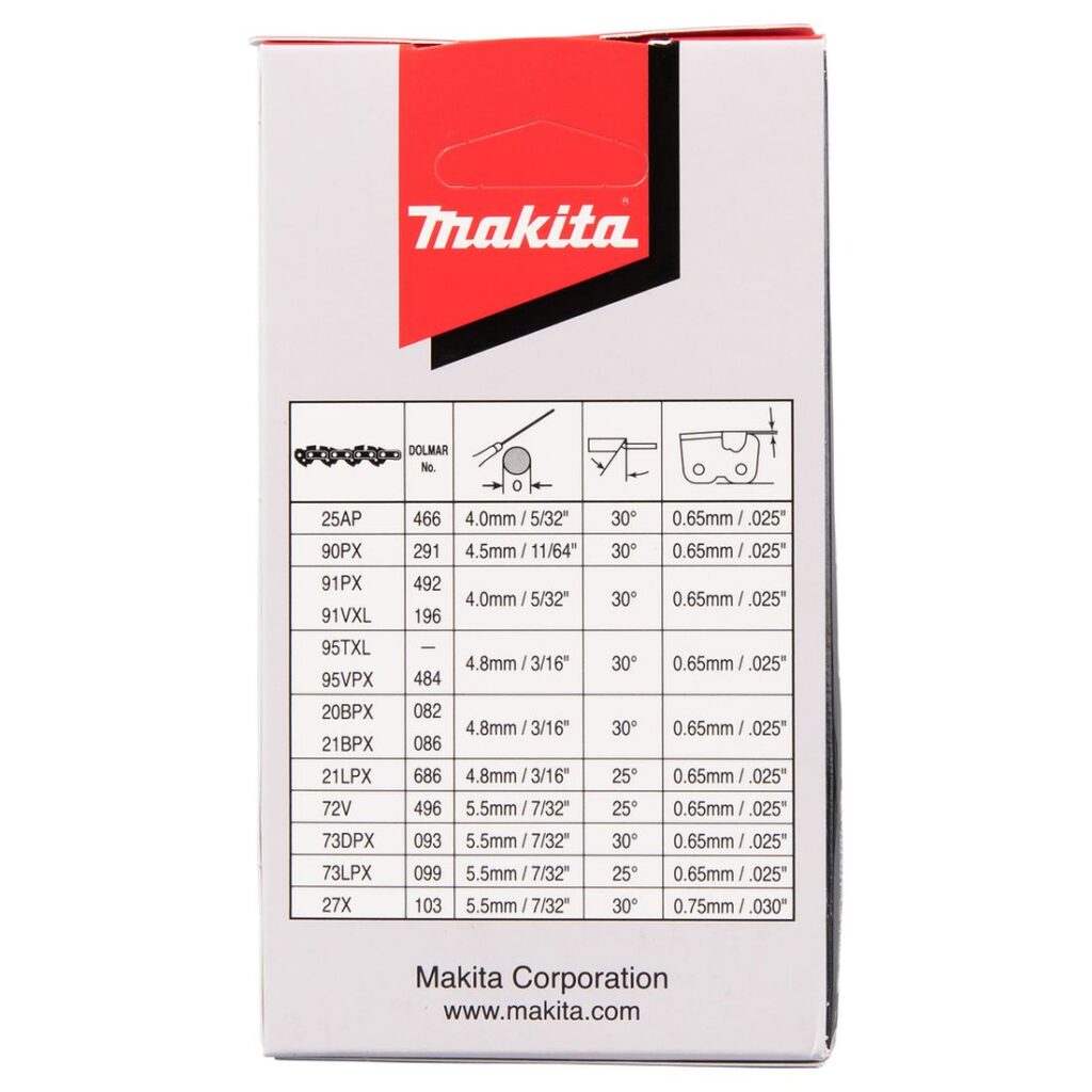 MAKITA Teräketju 72, 3/8", 1,5 mm, 20". Kuvassa tuotteen myyntipakkaus takaapäin.