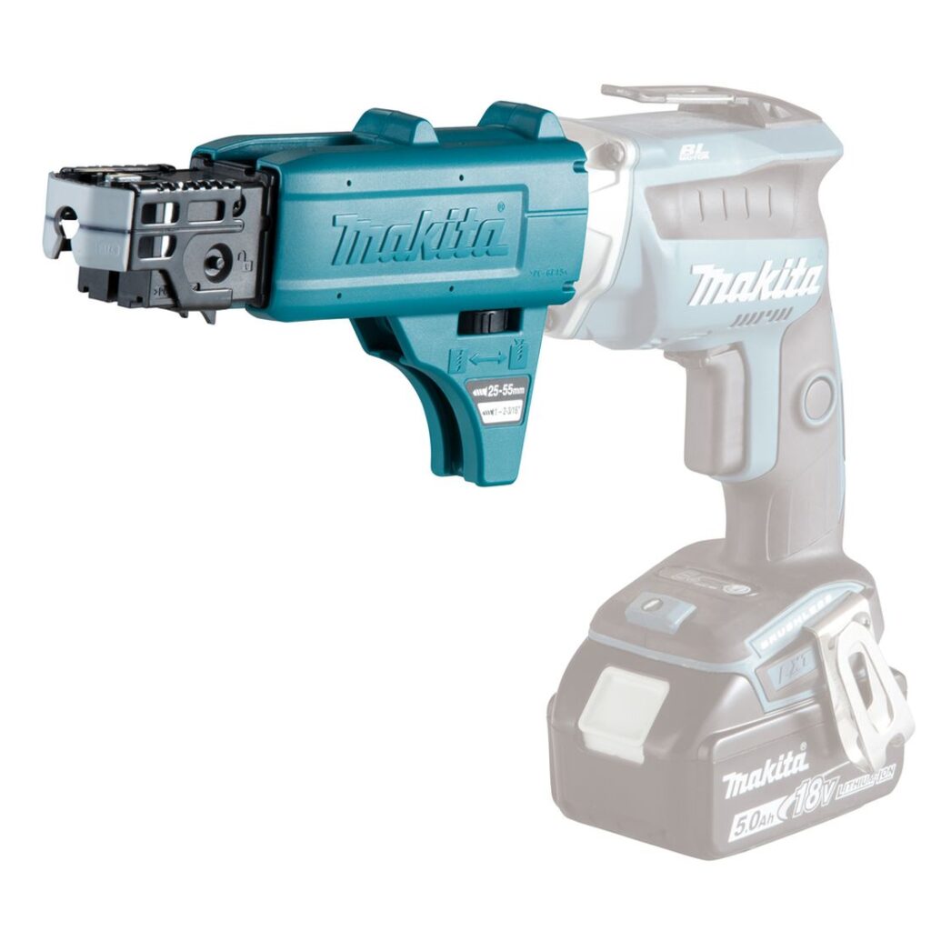 MAKITA Syöttölaite nauharuuveille 25 55 mm. Havainnekuvassa Syöttölaite nauharuuveille 25 55 mm kiinnitettynä ruuvaimeen. Kuva oikealta etuyläviistosta.