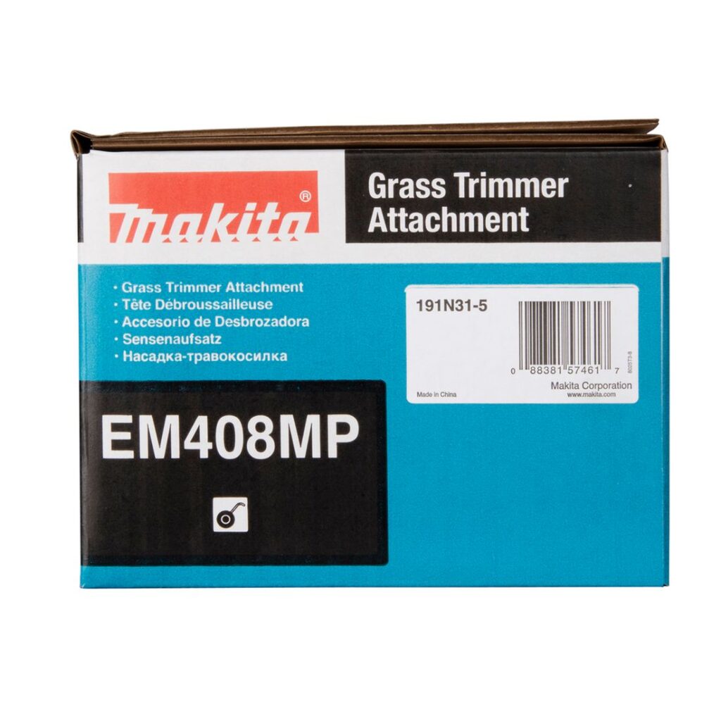 MAKITA Trimmerilisälaite 300 mm EM408MP. Kuvassa tuotteen myyntipakkaus sivustapäin.