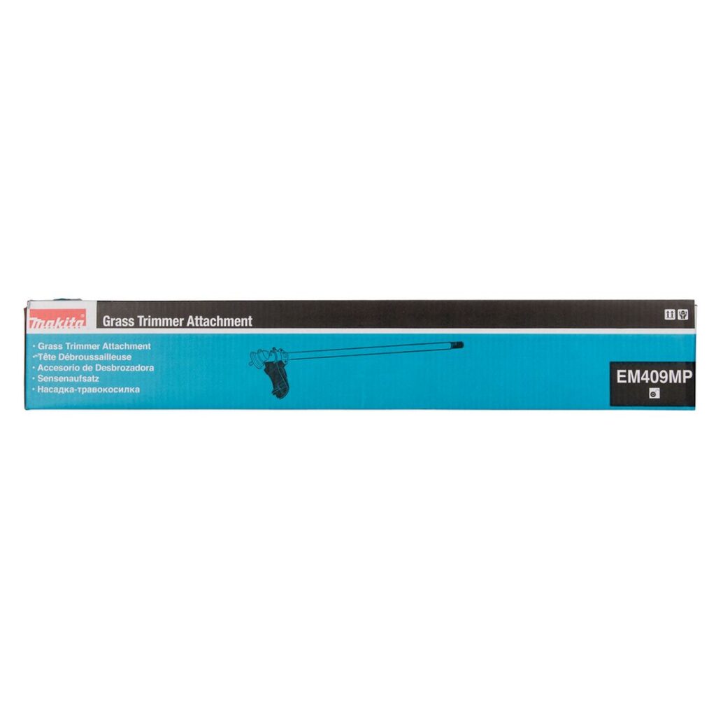 MAKITA Trimmerilisälaite 330 mm EM409MP. Kuvassa tuotteen myyntipakkaus edestäpäin.