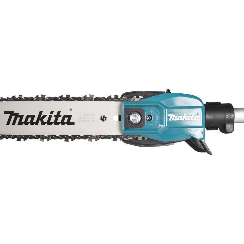 MAKITA Ketjusahalisälaite EY403MP. Lähikuvassa Ketjusahalisälaite EY403MP:n laipan kiinnitys vasemmalta sivustapäin.
