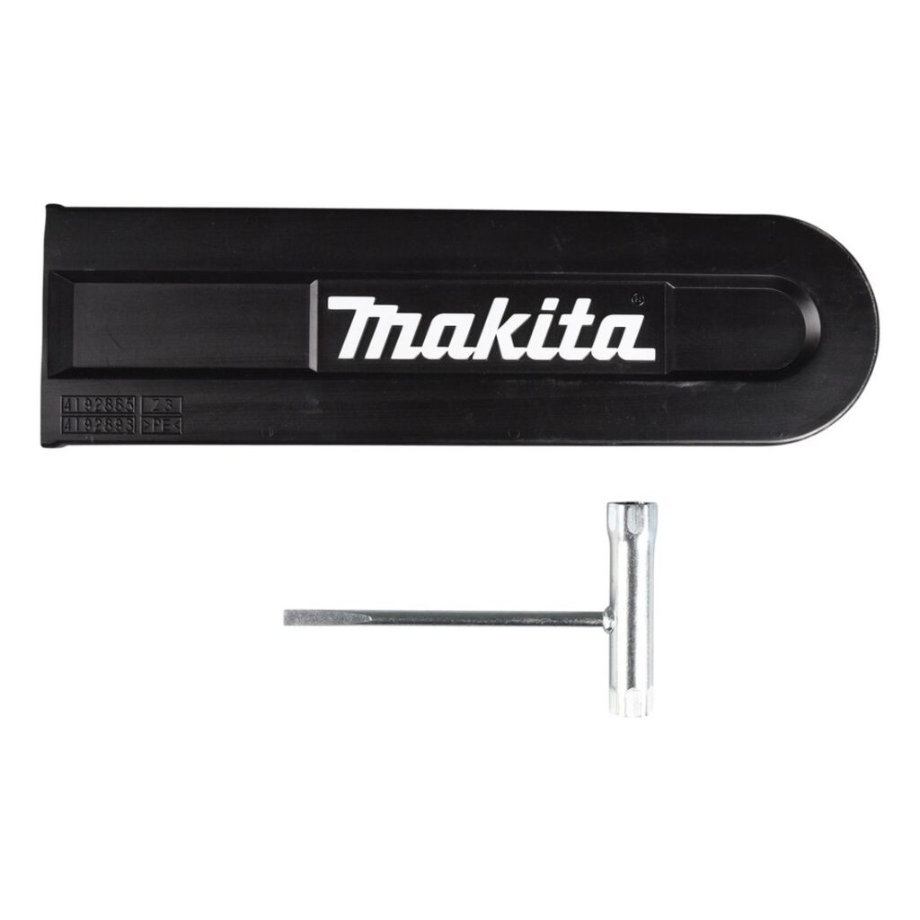 MAKITA Ketjusahalisälaite EY403MP. Kuvassa Ketjusahalisälaite EY403MP:n laipan suoja ja työkalu.
